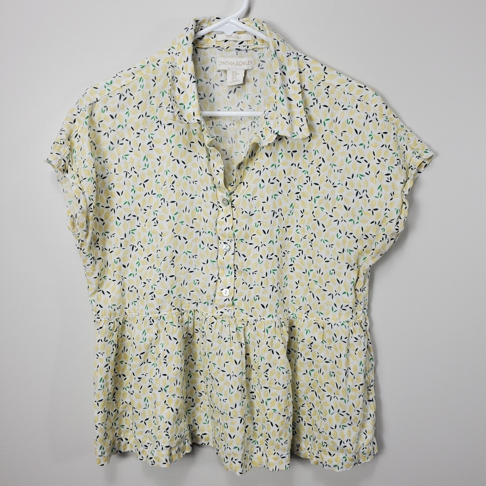 Cynthia Rowley Linen Top M Yellow Lemon Print Short Sleeve Shirt Button Peplum